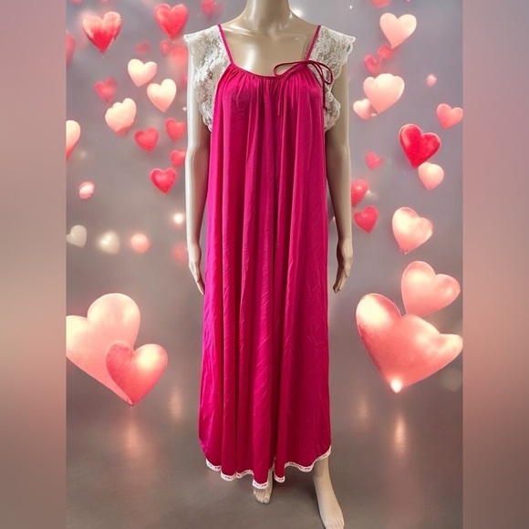 Vintage fuchsia Nightgown nightie Jill Andrea Sexy Lace Long-Large USA made - Picture 1 of 8